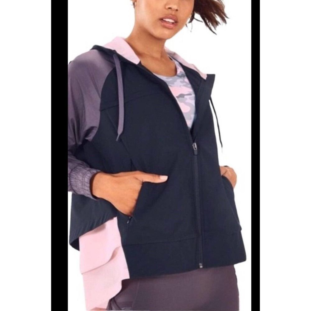 Fabletics Womens Black Pale Pink Vented Hooded High Low Zip Up Jacket XS